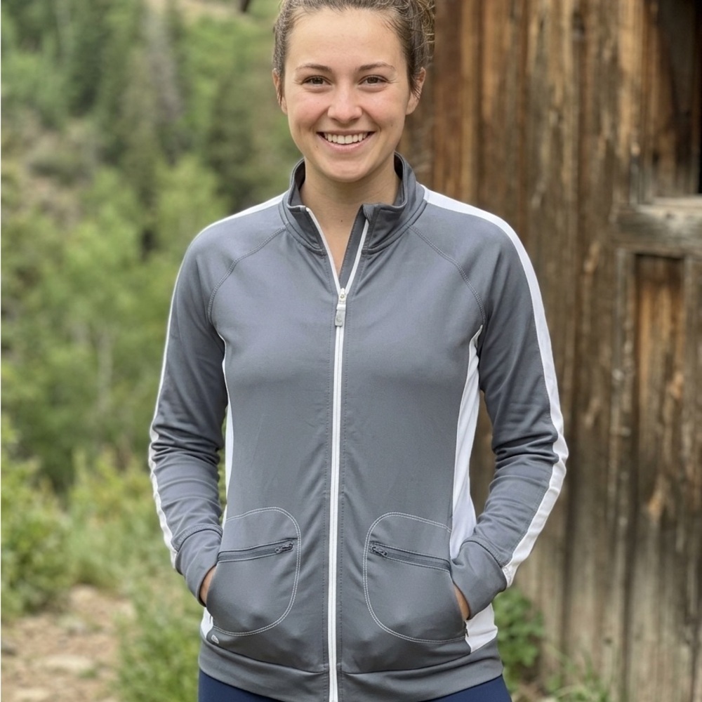 ALO Women's Gray Full-Zip Athletic Jacket with White Panels, size xl